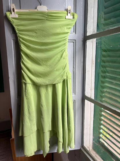 Y2K Lime Green Strapless Dress, Fairycore Mini Midi Dress, Ruched Tube Dress, Floral Textured Dress, 2000s Party Dress, Fairy Grunge