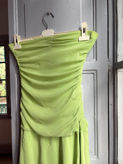 Y2K Lime Green Strapless Dress, Fairycore Mini Midi Dress, Ruched Tube Dress, Floral Textured Dress, 2000s Party Dress, Fairy Grunge