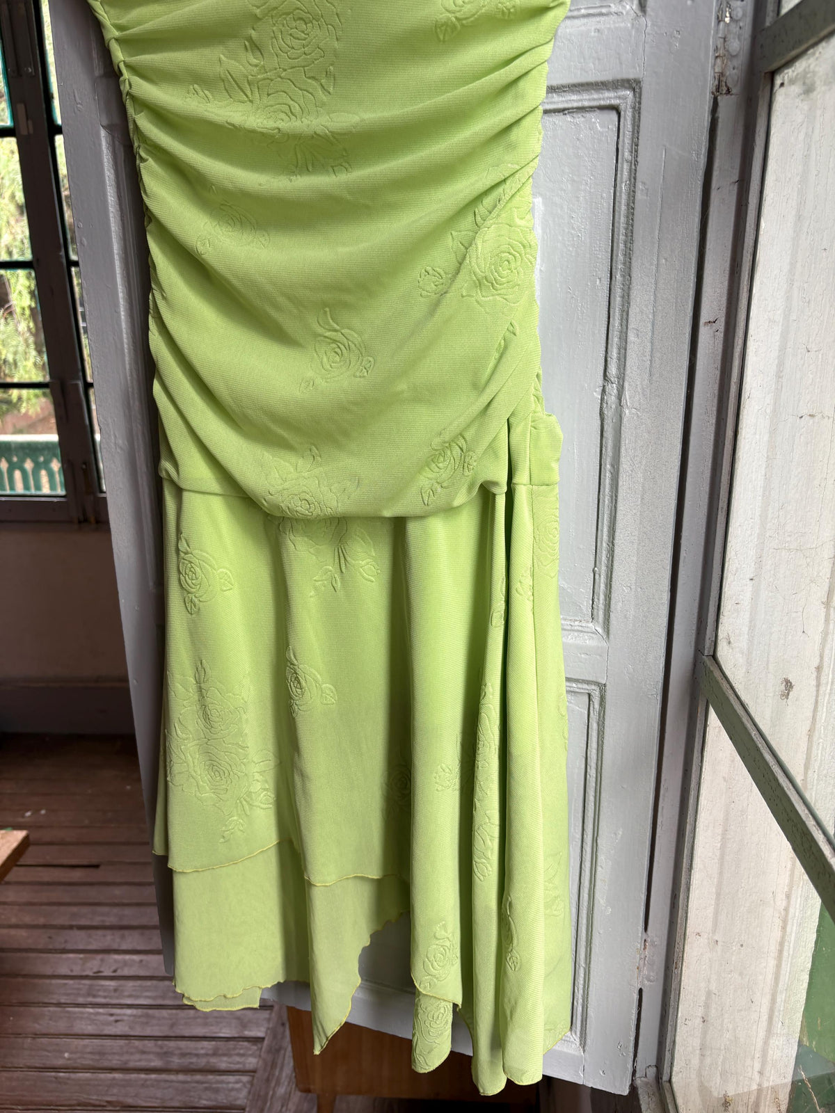 Y2K Lime Green Strapless Dress, Fairycore Mini Midi Dress, Ruched Tube Dress, Floral Textured Dress, 2000s Party Dress, Fairy Grunge