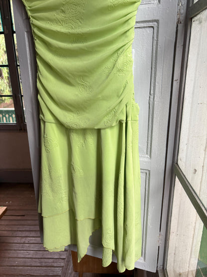 Y2K Lime Green Strapless Dress, Fairycore Mini Midi Dress, Ruched Tube Dress, Floral Textured Dress, 2000s Party Dress, Fairy Grunge