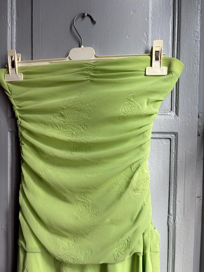 Y2K Lime Green Strapless Dress, Fairycore Mini Midi Dress, Ruched Tube Dress, Floral Textured Dress, 2000s Party Dress, Fairy Grunge