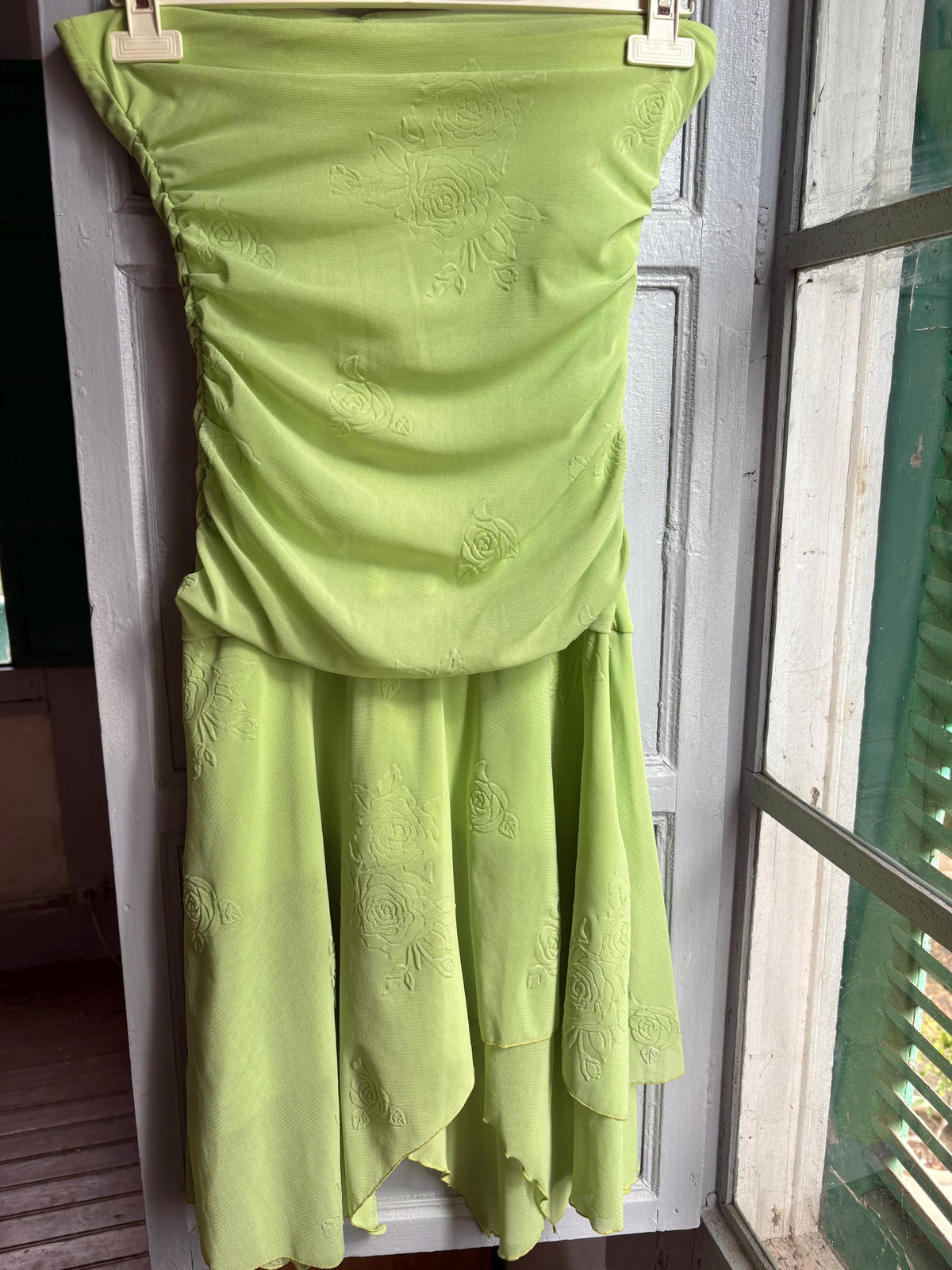 Y2K Lime Green Strapless Dress, Fairycore Mini Midi Dress, Ruched Tube Dress, Floral Textured Dress, 2000s Party Dress, Fairy Grunge