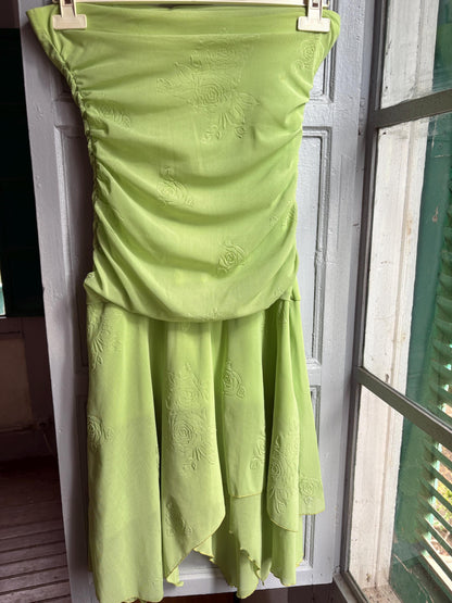 Y2K Lime Green Strapless Dress, Fairycore Mini Midi Dress, Ruched Tube Dress, Floral Textured Dress, 2000s Party Dress, Fairy Grunge