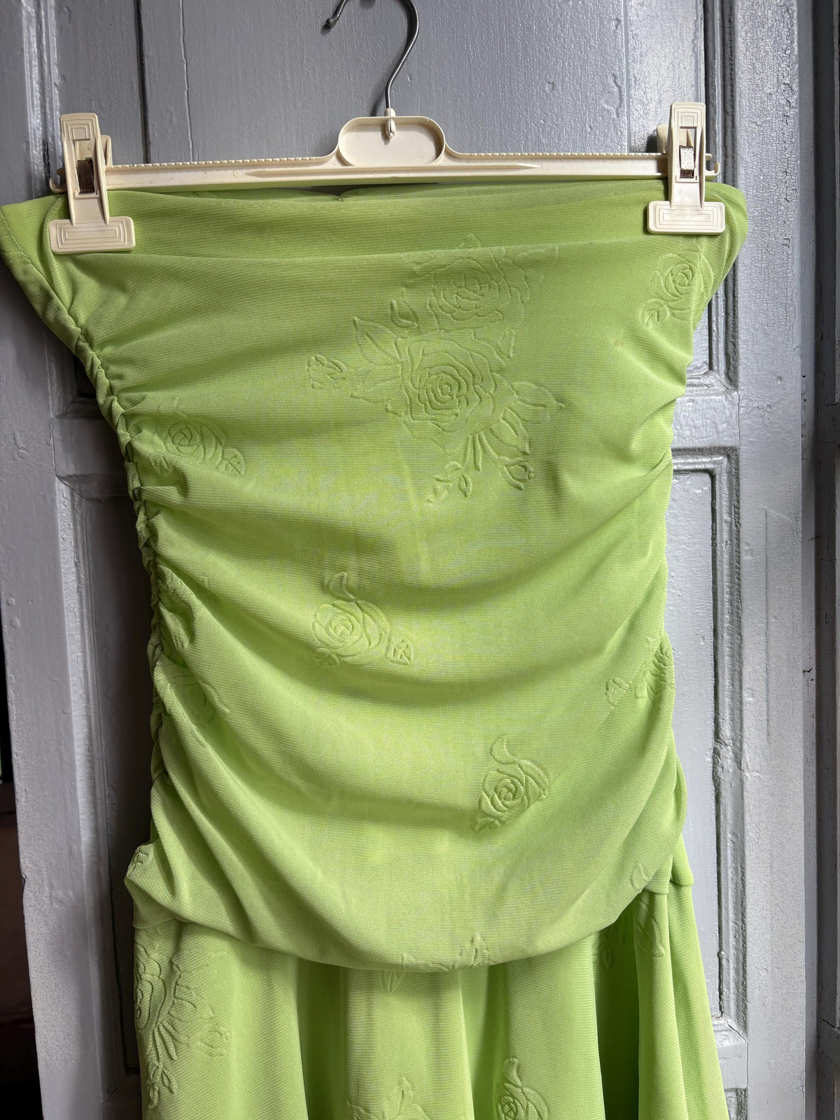 Y2K Lime Green Strapless Dress, Fairycore Mini Midi Dress, Ruched Tube Dress, Floral Textured Dress, 2000s Party Dress, Fairy Grunge