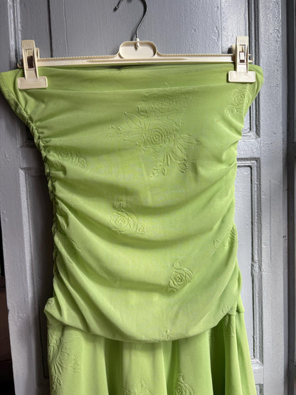 Y2K Lime Green Strapless Dress, Fairycore Mini Midi Dress, Ruched Tube Dress, Floral Textured Dress, 2000s Party Dress, Fairy Grunge