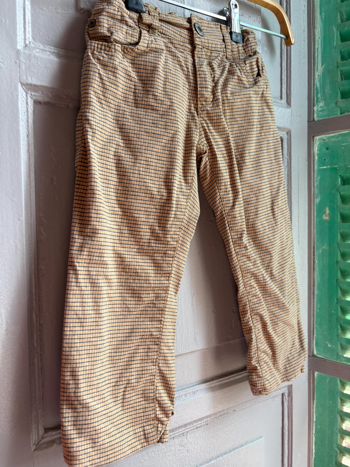 Steiff Kids Checkered Trousers, Vintage Style Cotton Pants, Beige Elastic Waist Trousers, Toddler Outfit, German Designer, Size 98