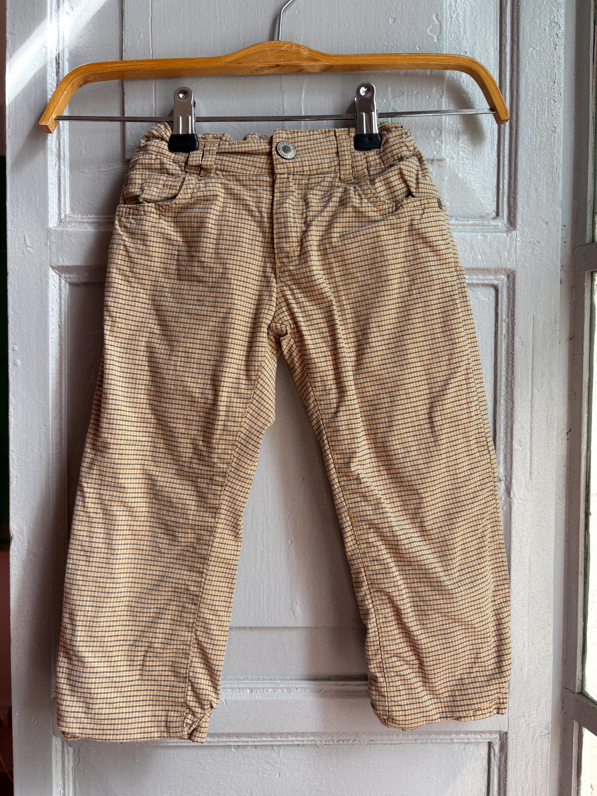 Steiff Kids Checkered Trousers, Vintage Style Cotton Pants, Beige Elastic Waist Trousers, Toddler Outfit, German Designer, Size 98