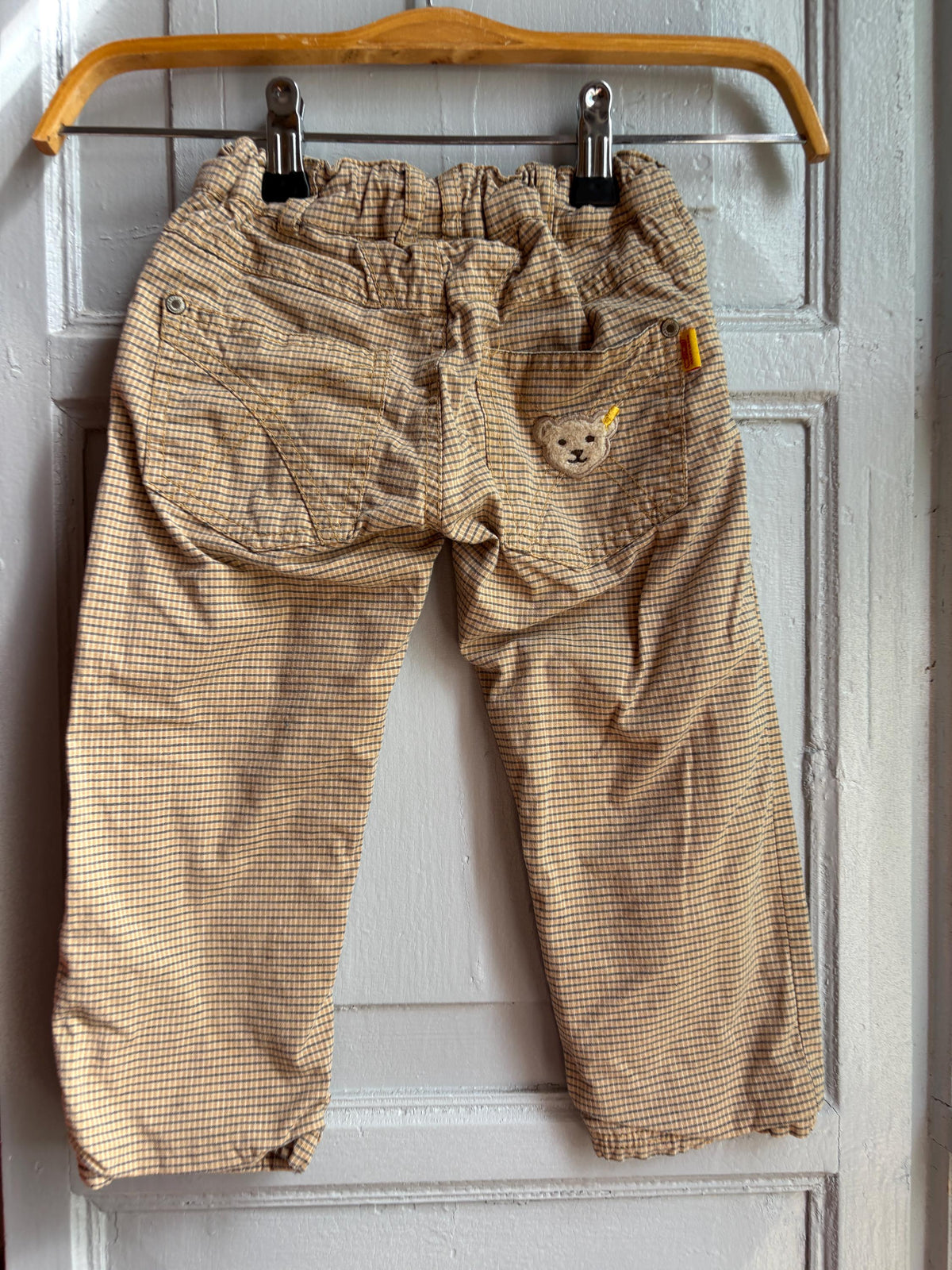 Steiff Kids Checkered Trousers, Vintage Style Cotton Pants, Beige Elastic Waist Trousers, Toddler Outfit, German Designer, Size 98
