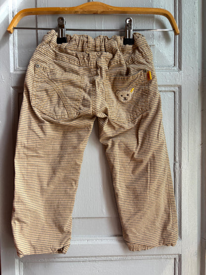 Steiff Kids Checkered Trousers, Vintage Style Cotton Pants, Beige Elastic Waist Trousers, Toddler Outfit, German Designer, Size 98