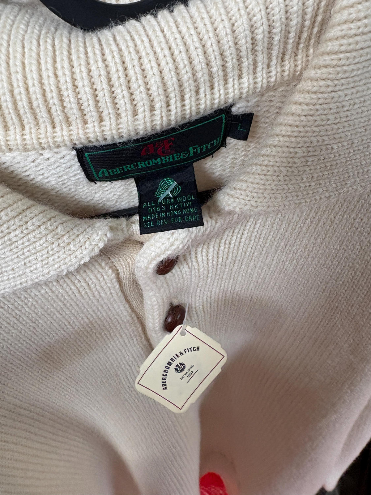 Abercrombie & Fitch Pure New Wool Jumper, Vintage Men's Knit Sweater, Cream Quarter Button Sweater, Old Money Wool Pullover, Size L