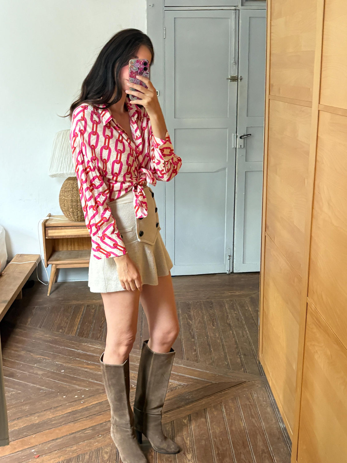Pink Chain Print Blouse, Y2K Statement Shirt, Retro Barbiecore Top, Oversized Button Up, El Corte Inglés Collection, Dopamine Dressing