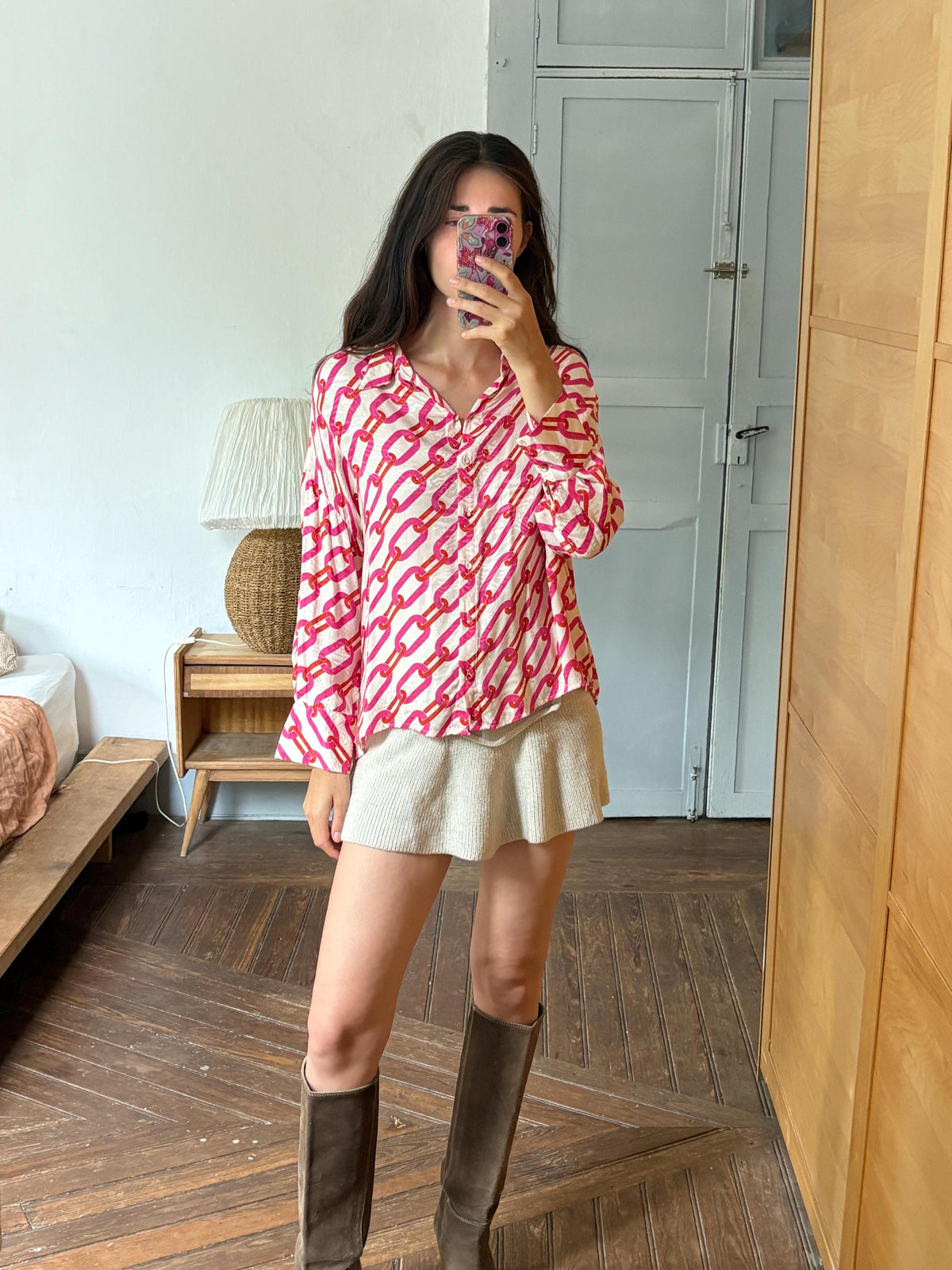 Pink Chain Print Blouse, Y2K Statement Shirt, Retro Barbiecore Top, Oversized Button Up, El Corte Inglés Collection, Dopamine Dressing