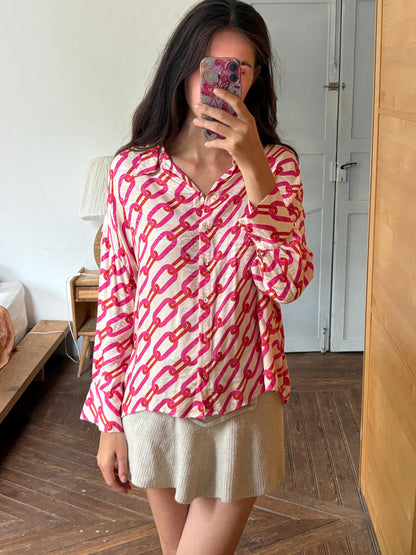 Pink Chain Print Blouse, Y2K Statement Shirt, Retro Barbiecore Top, Oversized Button Up, El Corte Inglés Collection, Dopamine Dressing