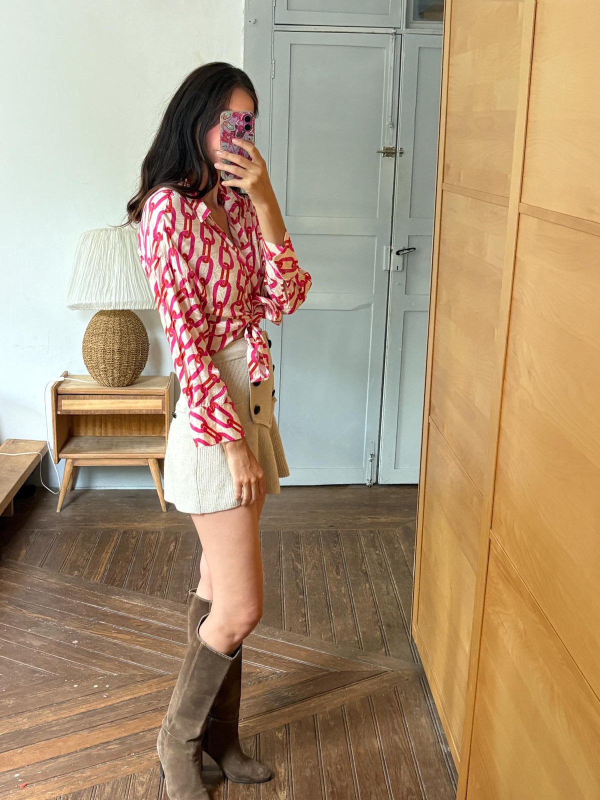 Pink Chain Print Blouse, Y2K Statement Shirt, Retro Barbiecore Top, Oversized Button Up, El Corte Inglés Collection, Dopamine Dressing
