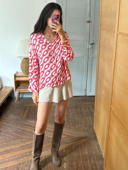 Pink Chain Print Blouse, Y2K Statement Shirt, Retro Barbiecore Top, Oversized Button Up, El Corte Inglés Collection, Dopamine Dressing
