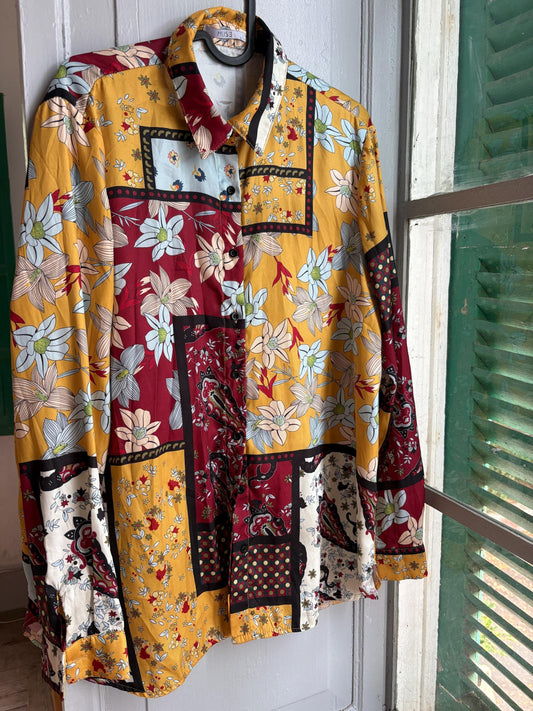 Vintage Floral Patchwork Blouse, Mustard Burgundy Shirt, Retro 90s Button Up, Boho Floral Top, Oversized Statement Blouse, Cottagecore Y2K
