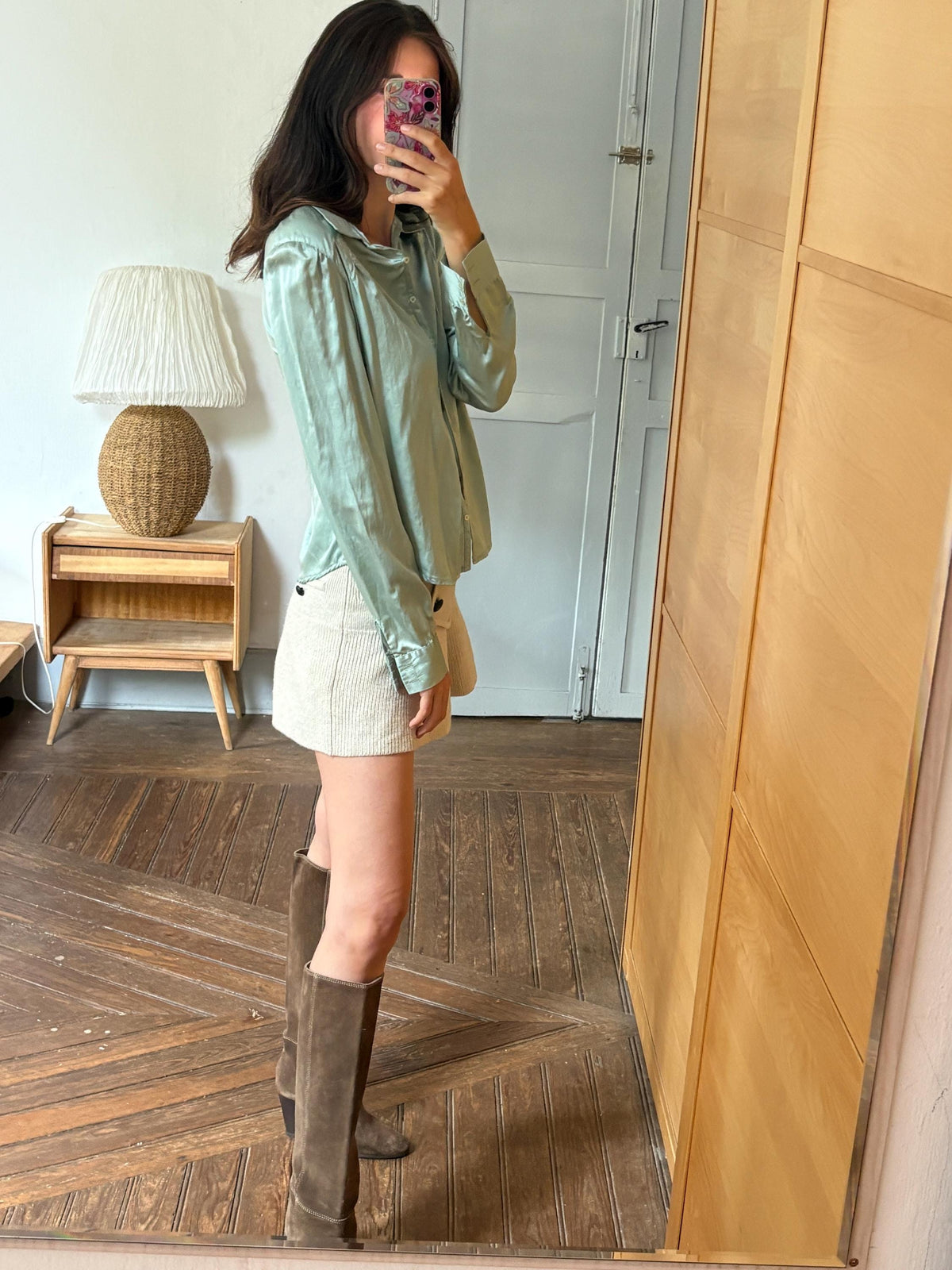 Silk Blend Mint Blouse, Sage Green Shirt, Y2K Minimalist Top, Vintage Silk Button Up, Made in Spain, Soft Satin Blouse