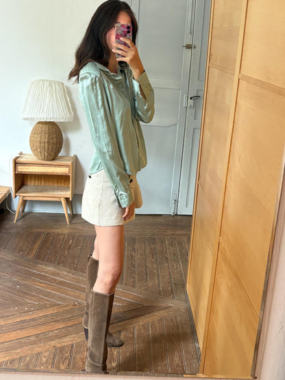 Silk Blend Mint Blouse, Sage Green Shirt, Y2K Minimalist Top, Vintage Silk Button Up, Made in Spain, Soft Satin Blouse