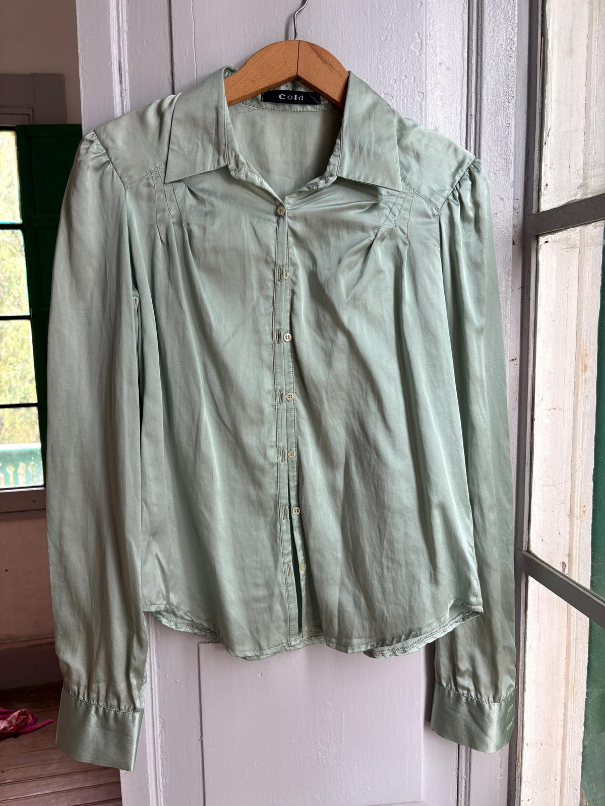 Silk Blend Mint Blouse, Sage Green Shirt, Y2K Minimalist Top, Vintage Silk Button Up, Made in Spain, Soft Satin Blouse