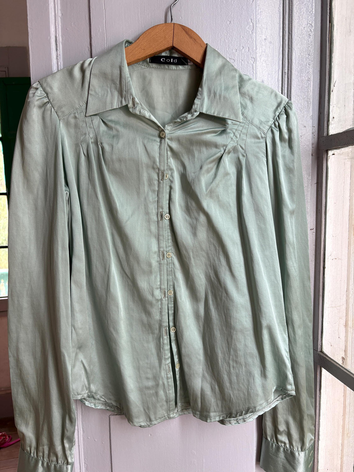 Silk Blend Mint Blouse, Sage Green Shirt, Y2K Minimalist Top, Vintage Silk Button Up, Made in Spain, Soft Satin Blouse