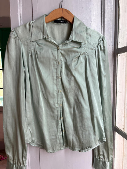 Silk Blend Mint Blouse, Sage Green Shirt, Y2K Minimalist Top, Vintage Silk Button Up, Made in Spain, Soft Satin Blouse