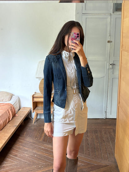 Escada Sport Denim Blazer, Made in Italy Jacket, Dark Wash Cotton Blazer, Designer Denim Jacket, Fitted Y2K Blazer, Luxury Vintage