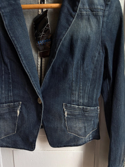 Escada Sport Denim Blazer, Made in Italy Jacket, Dark Wash Cotton Blazer, Designer Denim Jacket, Fitted Y2K Blazer, Luxury Vintage