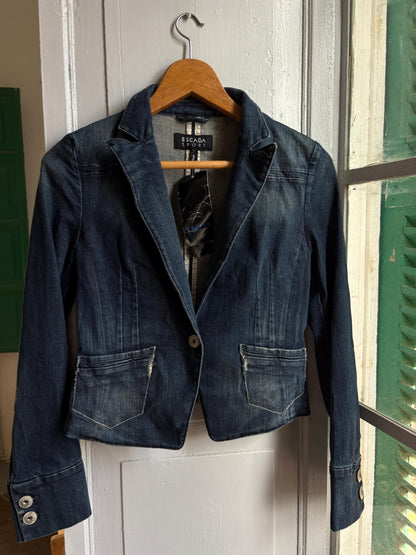 Escada Sport Denim Blazer, Made in Italy Jacket, Dark Wash Cotton Blazer, Designer Denim Jacket, Fitted Y2K Blazer, Luxury Vintage