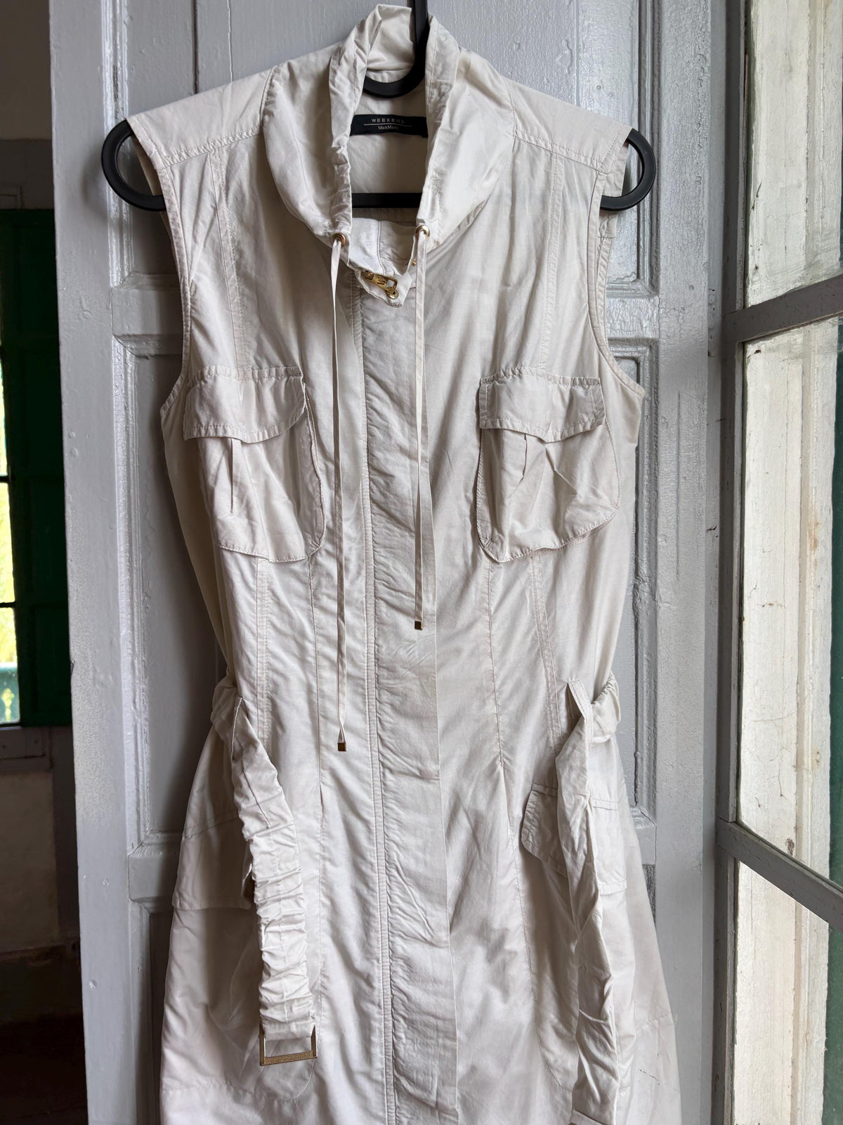 Weekend Max Mara Safari Dress, Utility Shirt Dress, Designer Cotton Dress, Beige Mini Dress, Italian Luxury, Old Money Y2K, Belted Dress