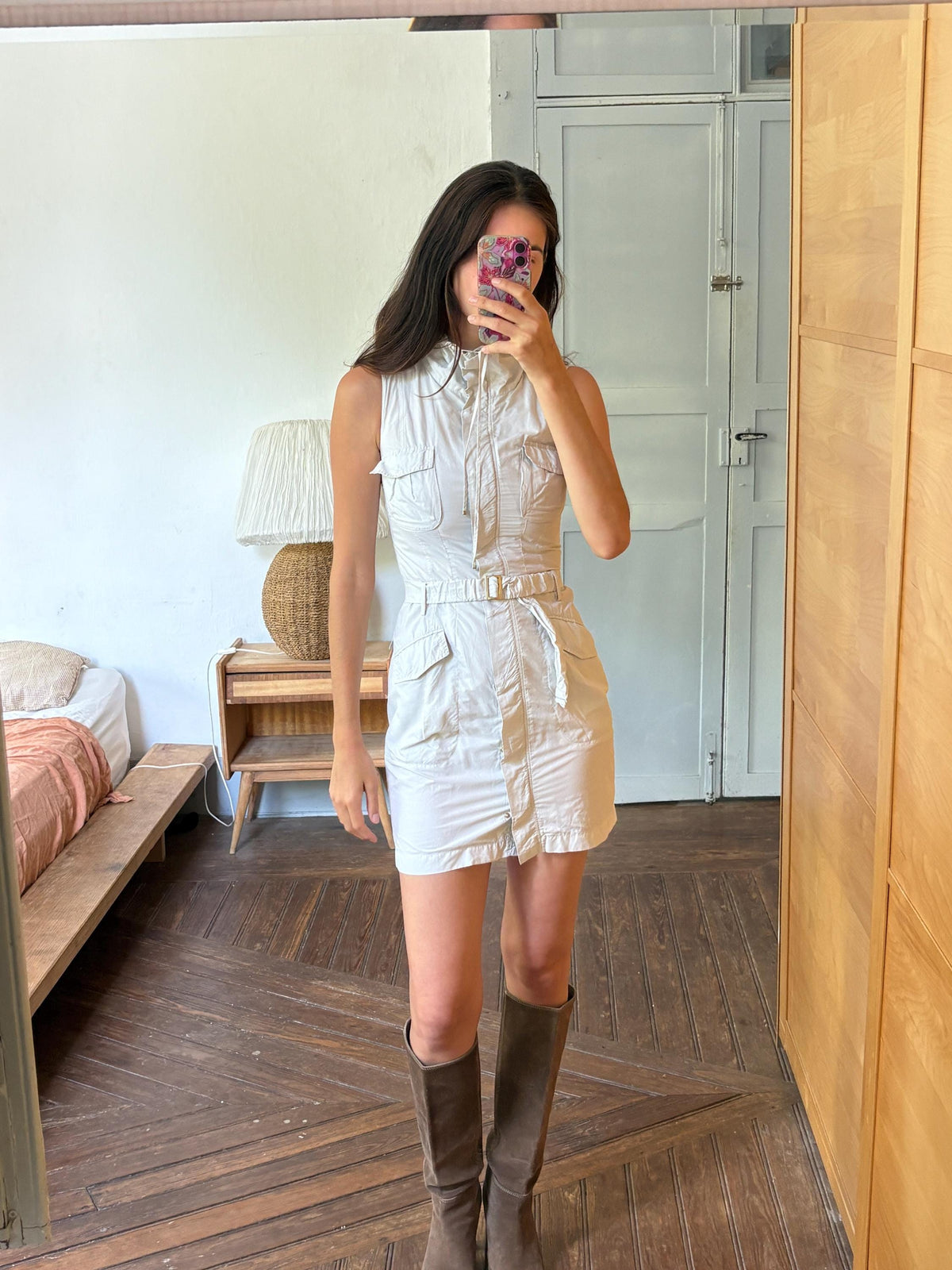 Weekend Max Mara Safari Dress, Utility Shirt Dress, Designer Cotton Dress, Beige Mini Dress, Italian Luxury, Old Money Y2K, Belted Dress