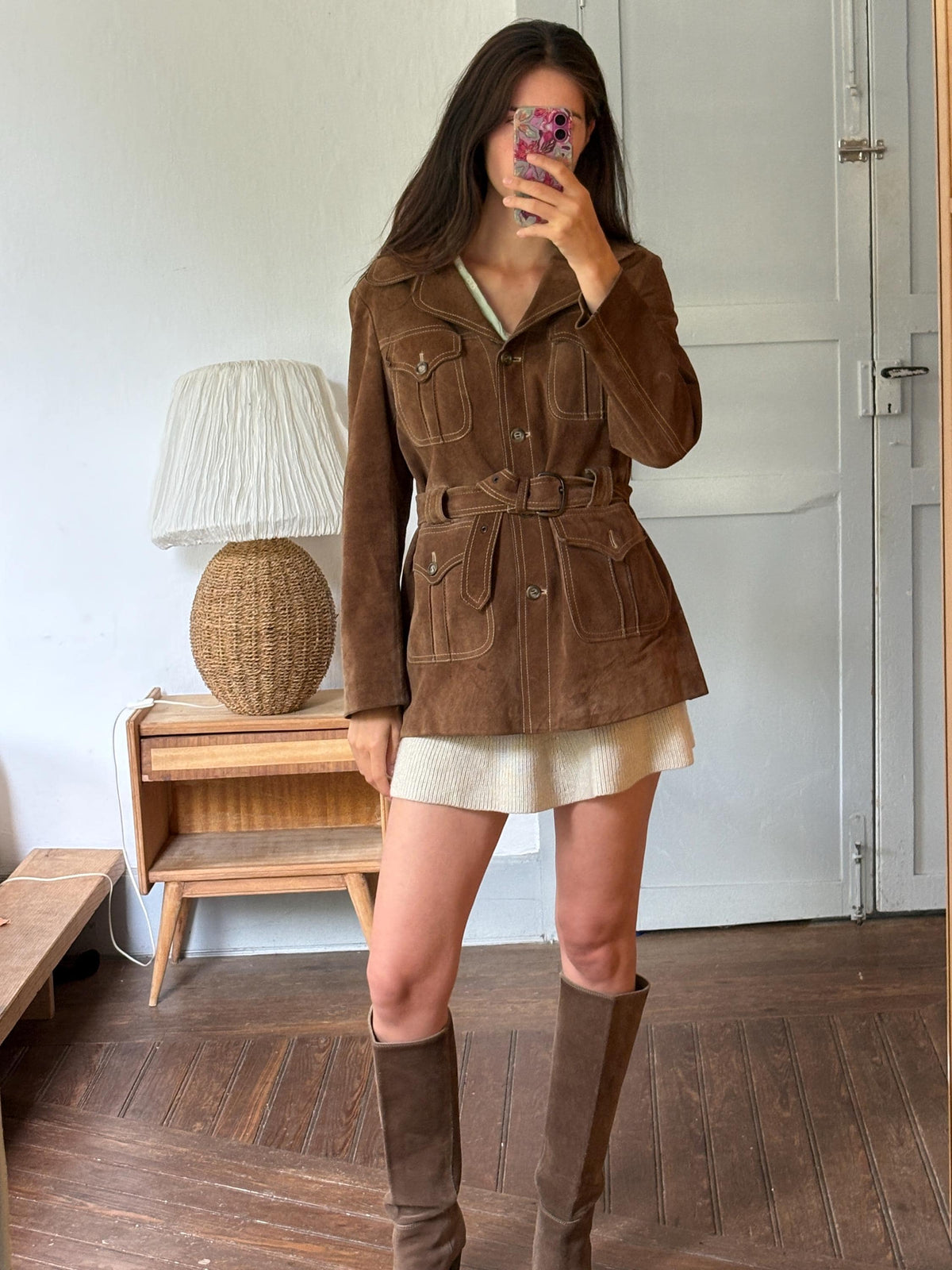 Vintage Suede Safari Jacket, Brown Leather Belted Jacket, 70s Boho Western Coat, Festival Jacket, Real Suede Utility Jacket, Dark Academia