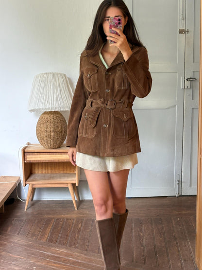 Vintage Suede Safari Jacket, Brown Leather Belted Jacket, 70s Boho Western Coat, Festival Jacket, Real Suede Utility Jacket, Dark Academia