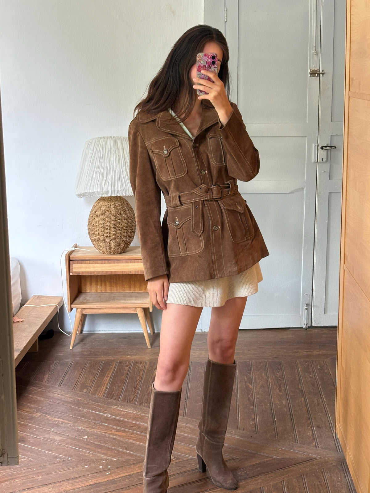 Vintage Suede Safari Jacket, Brown Leather Belted Jacket, 70s Boho Western Coat, Festival Jacket, Real Suede Utility Jacket, Dark Academia