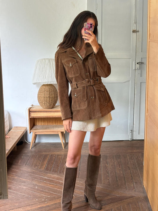 Vintage Suede Safari Jacket, Brown Leather Belted Jacket, 70s Boho Western Coat, Festival Jacket, Real Suede Utility Jacket, Dark Academia