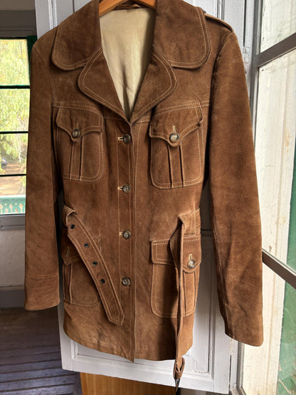 Vintage Suede Safari Jacket, Brown Leather Belted Jacket, 70s Boho Western Coat, Festival Jacket, Real Suede Utility Jacket, Dark Academia