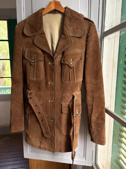 Vintage Suede Safari Jacket, Brown Leather Belted Jacket, 70s Boho Western Coat, Festival Jacket, Real Suede Utility Jacket, Dark Academia