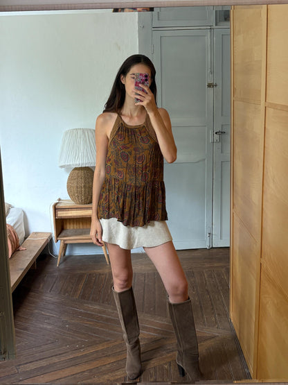 Boho Halter Top, Festival Summer Top, Open Back Bohemian Blouse, Crochet Neck Top, Earth Tone Paisley Top, Y2K Hippie Festival Clothing