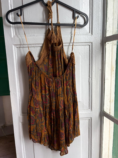 Boho Halter Top, Festival Summer Top, Open Back Bohemian Blouse, Crochet Neck Top, Earth Tone Paisley Top, Y2K Hippie Festival Clothing