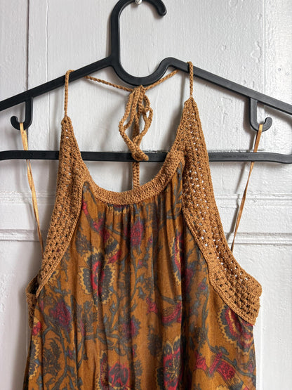 Boho Halter Top, Festival Summer Top, Open Back Bohemian Blouse, Crochet Neck Top, Earth Tone Paisley Top, Y2K Hippie Festival Clothing