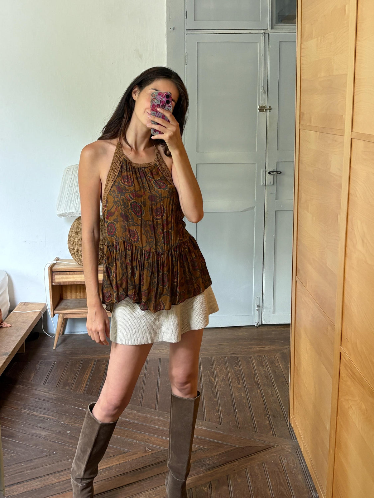 Boho Halter Top, Festival Summer Top, Open Back Bohemian Blouse, Crochet Neck Top, Earth Tone Paisley Top, Y2K Hippie Festival Clothing