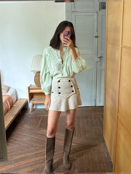 Mint Green Embroidered Cottagecore Blouse, Boho Peasant Top, Puff Sleeve Cotton Blend Shirt, Floral Embroidery, Romantic Vintage Style