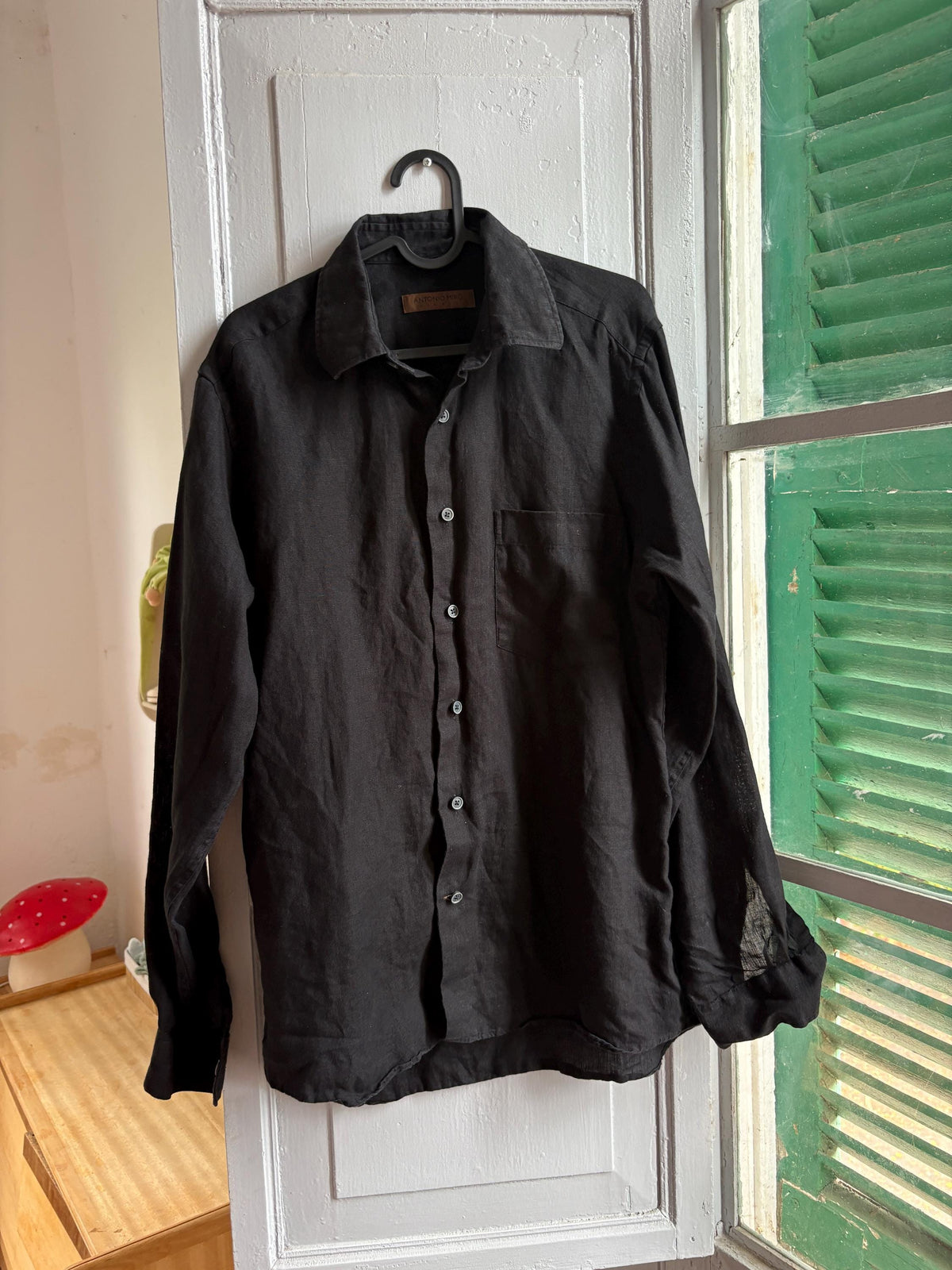Antonio Miró Black Linen Shirt, Men's 100% Linen Button Down, Minimalist Summer Shirt, Designer Long Sleeve Shirt, Lightweight Black Shirt