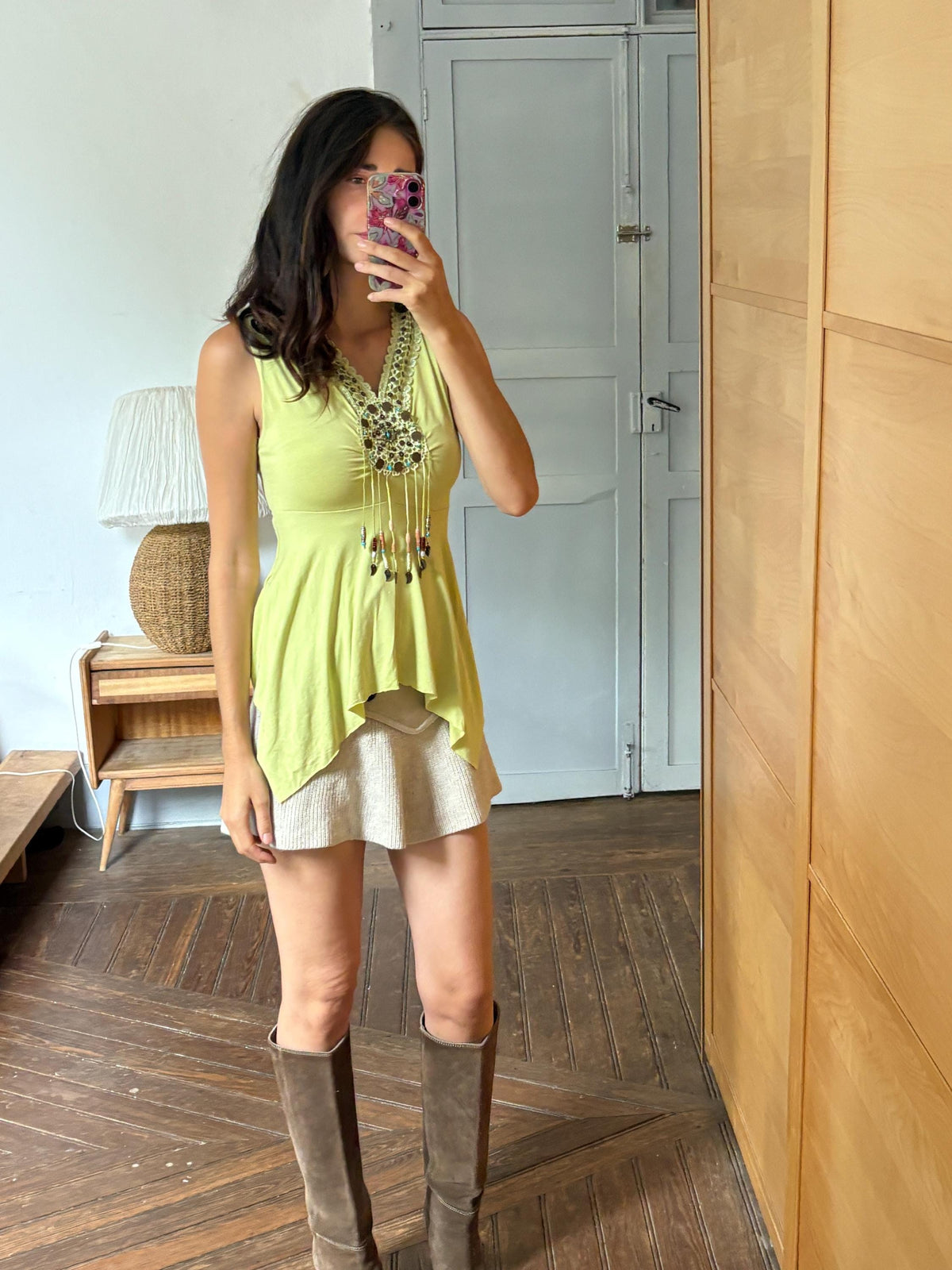 Boho Embellished Lime Green Top, Festival Sleeveless Top, Beaded V Neck Tunic, Y2K Bohemian Summer Top, Fairy Grunge Hippie Shirt