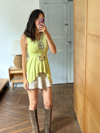 Boho Embellished Lime Green Top, Festival Sleeveless Top, Beaded V Neck Tunic, Y2K Bohemian Summer Top, Fairy Grunge Hippie Shirt