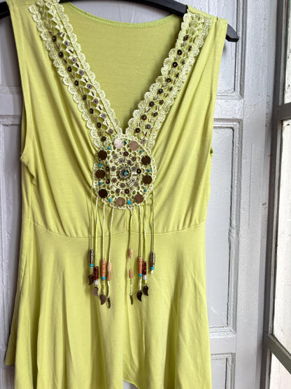 Boho Embellished Lime Green Top, Festival Sleeveless Top, Beaded V Neck Tunic, Y2K Bohemian Summer Top, Fairy Grunge Hippie Shirt