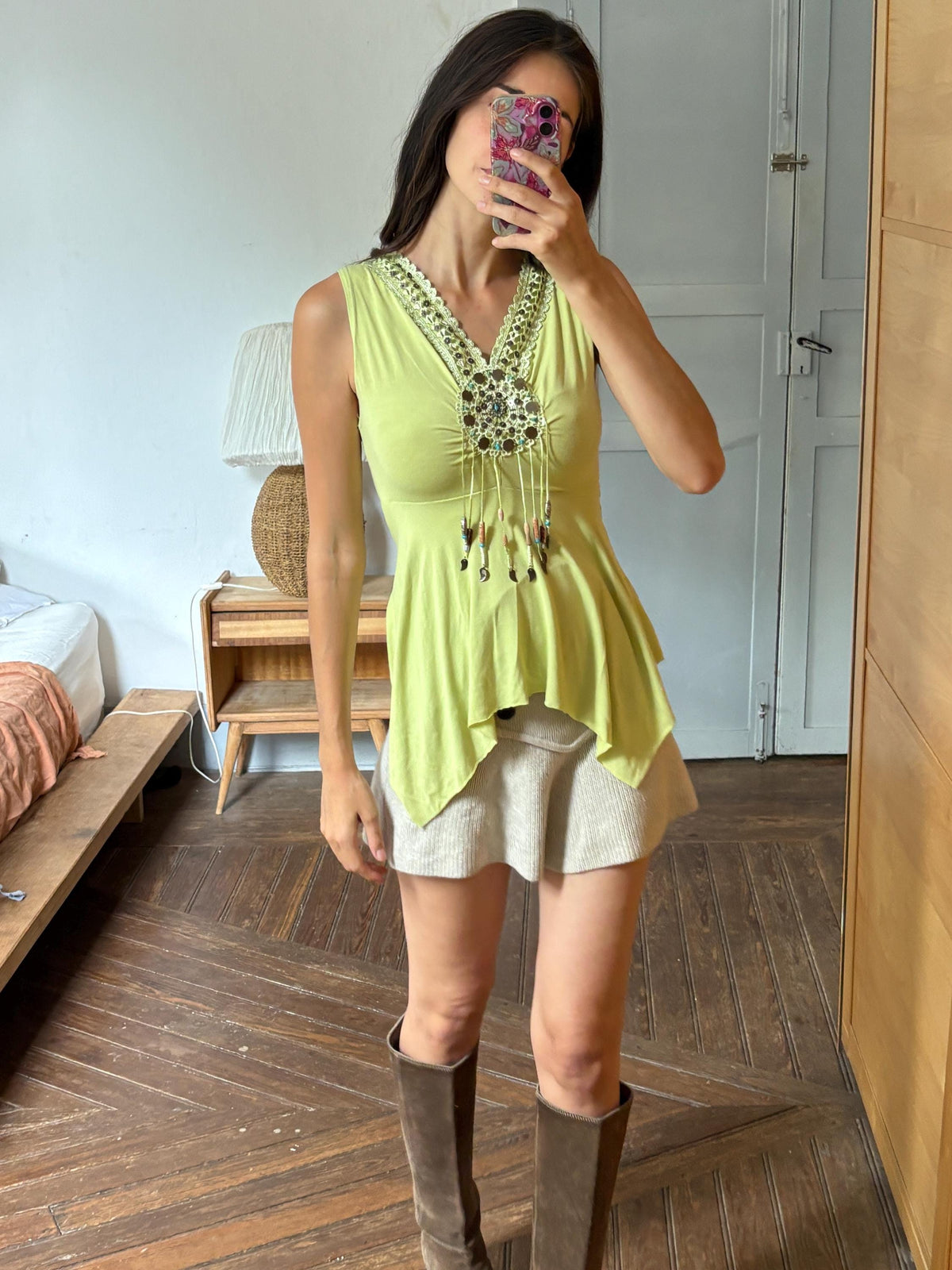 Boho Embellished Lime Green Top, Festival Sleeveless Top, Beaded V Neck Tunic, Y2K Bohemian Summer Top, Fairy Grunge Hippie Shirt