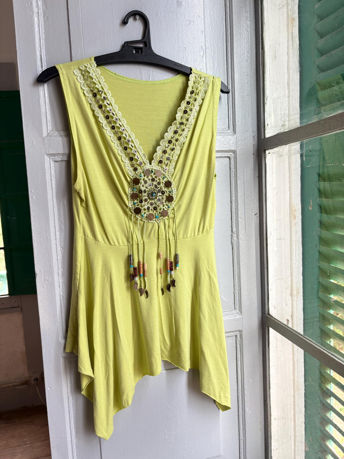 Boho Embellished Lime Green Top, Festival Sleeveless Top, Beaded V Neck Tunic, Y2K Bohemian Summer Top, Fairy Grunge Hippie Shirt