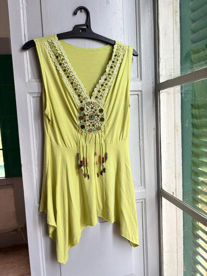 Boho Embellished Lime Green Top, Festival Sleeveless Top, Beaded V Neck Tunic, Y2K Bohemian Summer Top, Fairy Grunge Hippie Shirt