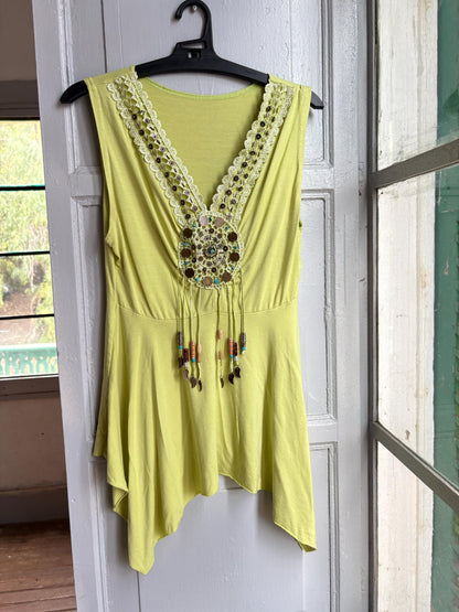 Boho Embellished Lime Green Top, Festival Sleeveless Top, Beaded V Neck Tunic, Y2K Bohemian Summer Top, Fairy Grunge Hippie Shirt