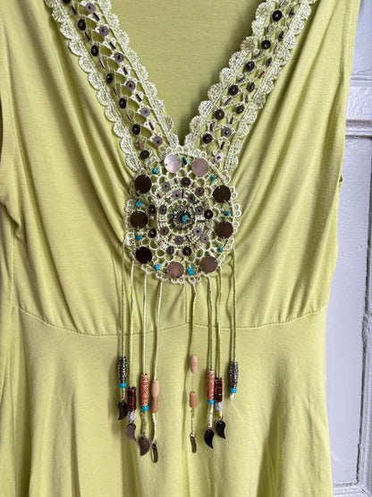 Boho Embellished Lime Green Top, Festival Sleeveless Top, Beaded V Neck Tunic, Y2K Bohemian Summer Top, Fairy Grunge Hippie Shirt
